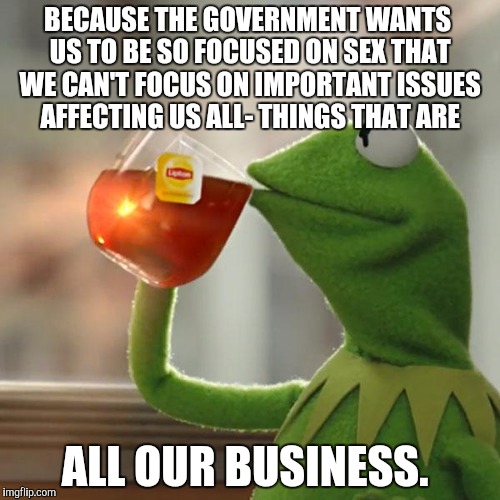 But That's None Of My Business Meme | BECAUSE THE GOVERNMENT WANTS US TO BE SO FOCUSED ON SEX THAT WE CAN'T FOCUS ON IMPORTANT ISSUES AFFECTING US ALL- THINGS THAT ARE ALL OUR BU | image tagged in memes,but thats none of my business,kermit the frog | made w/ Imgflip meme maker