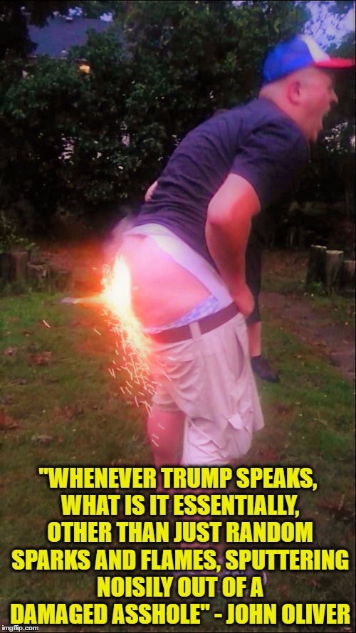 "WHENEVER TRUMP SPEAKS, WHAT IS IT ESSENTIALLY, OTHER THAN JUST RANDOM SPARKS AND FLAMES, SPUTTERING NOISILY OUT OF A DAMAGED ASSHOLE" - JOHN OLIVER | image tagged in trump speech | made w/ Imgflip meme maker