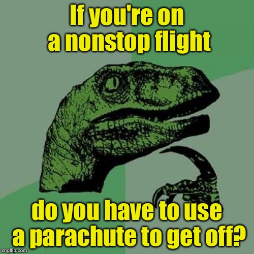 Philosoraptor Meme | If you're on a nonstop flight; do you have to use a parachute to get off? | image tagged in memes,philosoraptor | made w/ Imgflip meme maker