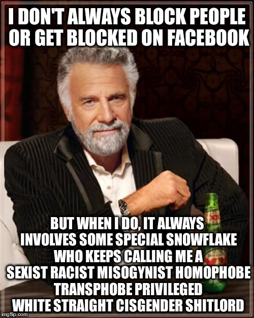 I don't always block people or get blocked on Facebook | I DON'T ALWAYS BLOCK PEOPLE OR GET BLOCKED ON FACEBOOK; BUT WHEN I DO, IT ALWAYS INVOLVES SOME SPECIAL SNOWFLAKE WHO KEEPS CALLING ME A SEXIST RACIST MISOGYNIST HOMOPHOBE TRANSPHOBE PRIVILEGED WHITE STRAIGHT CISGENDER SHITLORD | image tagged in memes,the most interesting man in the world,facebook,sjw | made w/ Imgflip meme maker