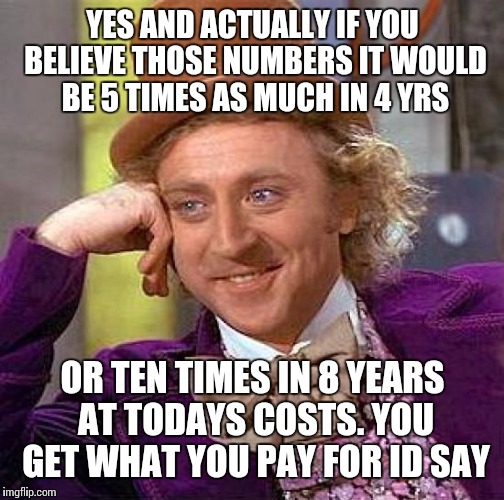 Creepy Condescending Wonka Meme | YES AND ACTUALLY IF YOU BELIEVE THOSE NUMBERS IT WOULD BE 5 TIMES AS MUCH IN 4 YRS OR TEN TIMES IN 8 YEARS AT TODAYS COSTS. YOU GET WHAT YOU | image tagged in memes,creepy condescending wonka | made w/ Imgflip meme maker