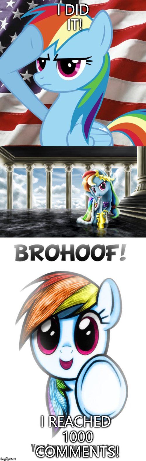 Thank you guys! It may not seem that big! But, it was actually pretty hard! | I DID IT! I REACHED 1000 COMMENTS! | image tagged in mlp,1000 comments,awesome,rainbow dash | made w/ Imgflip meme maker