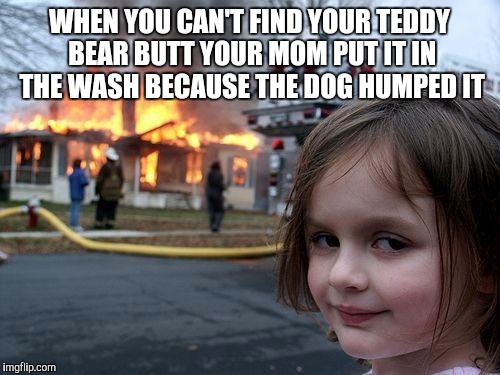 Disaster Girl Meme | WHEN YOU CAN'T FIND YOUR TEDDY BEAR BUTT YOUR MOM PUT IT IN THE WASH BECAUSE THE DOG HUMPED IT | image tagged in memes,disaster girl | made w/ Imgflip meme maker