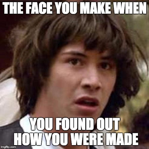im not sorry......kinda | THE FACE YOU MAKE WHEN; YOU FOUND OUT HOW YOU WERE MADE | image tagged in memes,conspiracy keanu | made w/ Imgflip meme maker