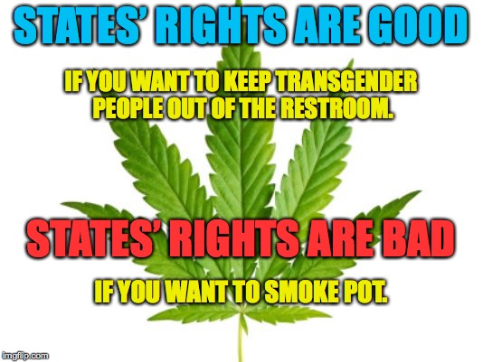 Marijuana  | STATES’ RIGHTS ARE GOOD; IF YOU WANT TO KEEP TRANSGENDER PEOPLE OUT OF THE RESTROOM. STATES’ RIGHTS ARE BAD; IF YOU WANT TO SMOKE POT. | image tagged in marijuana | made w/ Imgflip meme maker