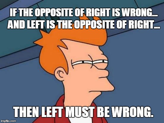 Logic 101 | AND LEFT IS THE OPPOSITE OF RIGHT... IF THE OPPOSITE OF RIGHT IS WRONG... THEN LEFT MUST BE WRONG. | image tagged in memes,futurama fry,right,left,wrong,logic | made w/ Imgflip meme maker