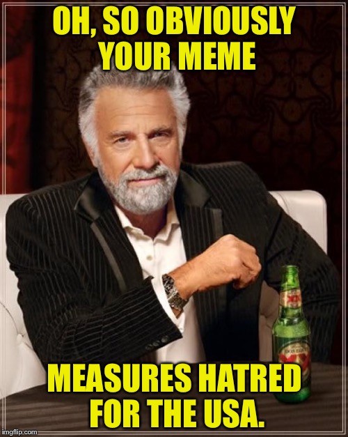The Most Interesting Man In The World Meme | OH, SO OBVIOUSLY YOUR MEME MEASURES HATRED FOR THE USA. | image tagged in memes,the most interesting man in the world | made w/ Imgflip meme maker
