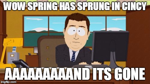 Aaaaand Its Gone | WOW SPRING HAS SPRUNG IN CINCY; AAAAAAAAAND ITS GONE | image tagged in memes,aaaaand its gone | made w/ Imgflip meme maker