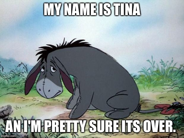 eeyore | MY NAME IS TINA; AN I'M PRETTY SURE ITS OVER. | image tagged in eeyore | made w/ Imgflip meme maker