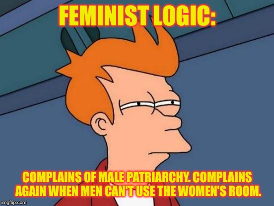 Sounds legit. | FEMINIST LOGIC:; COMPLAINS OF MALE PATRIARCHY. COMPLAINS AGAIN WHEN MEN CAN'T USE THE WOMEN'S ROOM. | image tagged in memes,futurama fry,funny,feminism,hot,front page | made w/ Imgflip meme maker