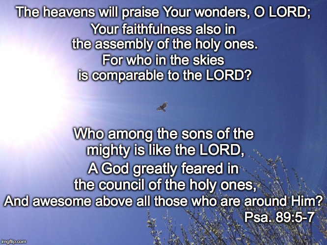 The heavens will praise Your wonders, O LORD;; Your faithfulness also in the assembly of the holy ones. For who in the skies is comparable to the LORD? Who among the sons of the mighty is like the LORD, A God greatly feared in the council of the holy ones, And awesome above all those who are around Him? Psa. 89:5-7 | image tagged in wonders | made w/ Imgflip meme maker