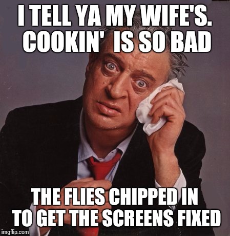 Rodney Dangerfield | I TELL YA MY WIFE'S. COOKIN'  IS SO BAD; THE FLIES CHIPPED IN TO GET THE SCREENS FIXED | image tagged in rodney dangerfield | made w/ Imgflip meme maker