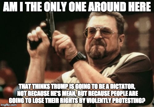 Am I The Only One Around Here | AM I THE ONLY ONE AROUND HERE; THAT THINKS TRUMP IS GOING TO BE A DICTATOR, NOT BECAUSE HE'S MEAN, BUT BECAUSE PEOPLE ARE GOING TO LOSE THEIR RIGHTS BY VIOLENTLY PROTESTING? | image tagged in memes,am i the only one around here | made w/ Imgflip meme maker