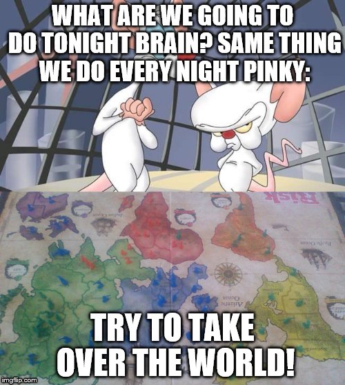 WHAT ARE WE GOING TO DO TONIGHT BRAIN?
SAME THING WE DO EVERY NIGHT PINKY:; TRY TO TAKE OVER THE WORLD! | image tagged in pinky and the brain | made w/ Imgflip meme maker