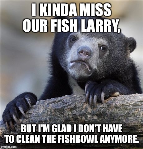 LARRY!!!!!!  | I KINDA MISS OUR FISH LARRY, BUT I'M GLAD I DON'T HAVE TO CLEAN THE FISHBOWL ANYMORE. | image tagged in memes,confession bear | made w/ Imgflip meme maker