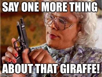 Madea | SAY ONE MORE THING; ABOUT THAT GIRAFFE! | image tagged in madea | made w/ Imgflip meme maker