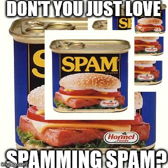 SPAM THE SPAM | DON'T YOU JUST LOVE; SPAMMING SPAM? | image tagged in spam | made w/ Imgflip meme maker