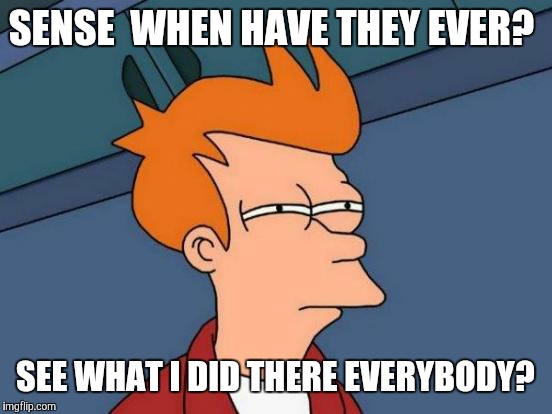Futurama Fry Meme | SENSE  WHEN HAVE THEY EVER? SEE WHAT I DID THERE EVERYBODY? | image tagged in memes,futurama fry | made w/ Imgflip meme maker