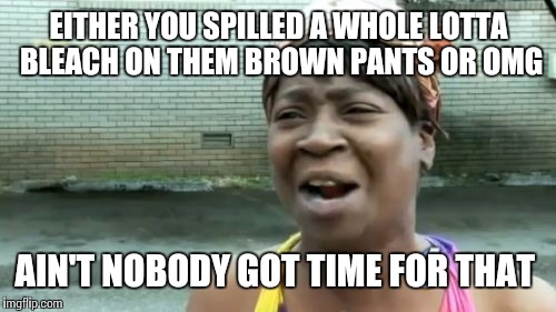 Ain't Nobody Got Time For That Meme | EITHER YOU SPILLED A WHOLE LOTTA BLEACH ON THEM BROWN PANTS OR OMG AIN'T NOBODY GOT TIME FOR THAT | image tagged in memes,aint nobody got time for that | made w/ Imgflip meme maker
