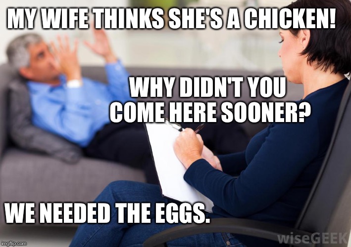 Psychologist | MY WIFE THINKS SHE'S A CHICKEN! WHY DIDN'T YOU COME HERE SOONER? WE NEEDED THE EGGS. | image tagged in psychologist | made w/ Imgflip meme maker