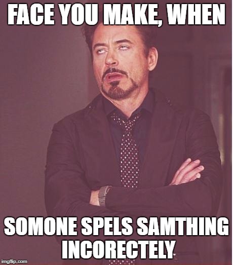 Face You Make Robert Downey Jr Meme | FACE YOU MAKE, WHEN; SOMONE SPELS SAMTHING INCORECTELY | image tagged in memes,face you make robert downey jr | made w/ Imgflip meme maker