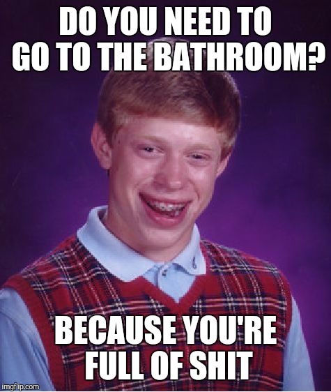 tired of your shit |  DO YOU NEED TO GO TO THE BATHROOM? BECAUSE YOU'RE FULL OF SHIT | image tagged in memes,bad luck brian,shit,bullshit,tired of your shit,tired | made w/ Imgflip meme maker