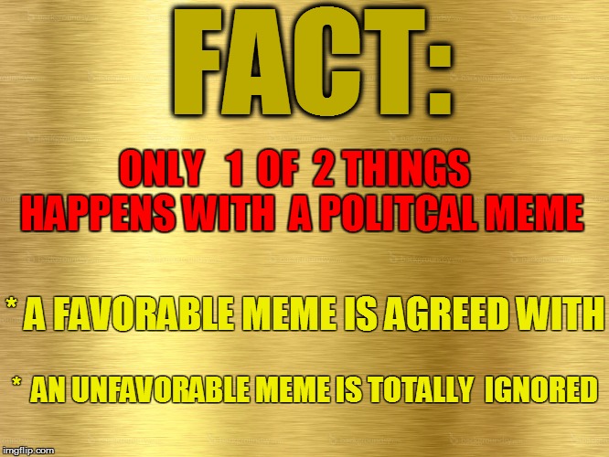 ONLY   1  OF  2 THINGS  HAPPENS WITH  A POLITCAL MEME * A FAVORABLE MEME IS AGREED WITH *  AN UNFAVORABLE MEME IS TOTALLY  IGNORED FACT: | made w/ Imgflip meme maker
