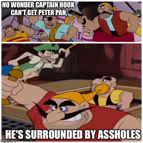 NO WONDER CAPTAIN HOOK CAN'T GET PETER PAN, HE'S SURROUNDED BY ASSHOLES | image tagged in memes | made w/ Imgflip meme maker