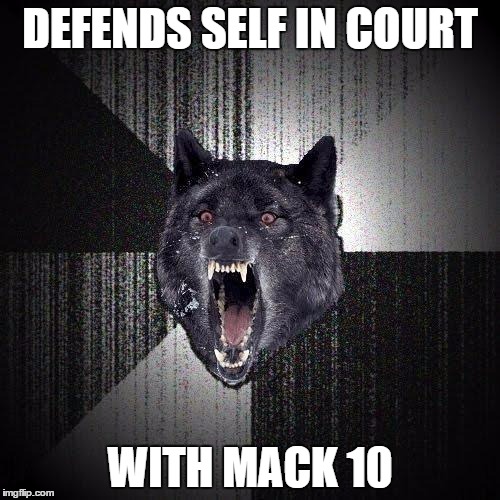 Insanity Wolf Meme | DEFENDS SELF IN COURT; WITH MACK 10 | image tagged in memes,insanity wolf | made w/ Imgflip meme maker