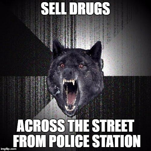 Insanity Wolf | SELL DRUGS; ACROSS THE STREET FROM POLICE STATION | image tagged in memes,insanity wolf | made w/ Imgflip meme maker