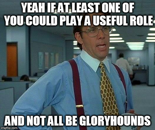 That Would Be Great Meme | YEAH IF AT LEAST ONE OF YOU COULD PLAY A USEFUL ROLE AND NOT ALL BE GLORYHOUNDS | image tagged in memes,that would be great | made w/ Imgflip meme maker