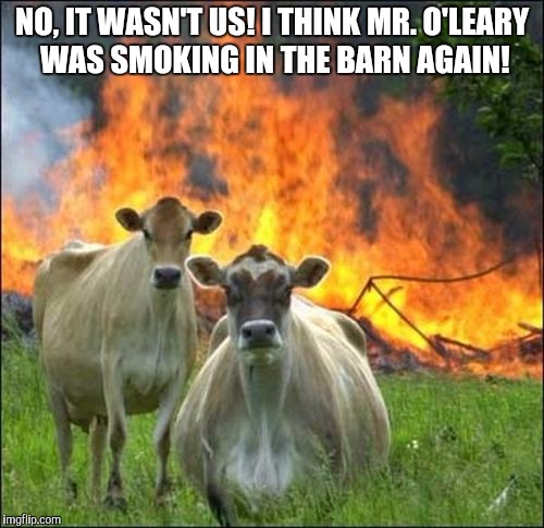 Maybe only us old-timers will get this | NO, IT WASN'T US! I THINK MR. O'LEARY WAS SMOKING IN THE BARN AGAIN! | image tagged in memes,evil cows | made w/ Imgflip meme maker