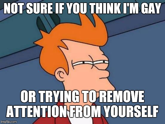 Futurama Fry Meme | NOT SURE IF YOU THINK I'M GAY OR TRYING TO REMOVE ATTENTION FROM YOURSELF | image tagged in memes,futurama fry | made w/ Imgflip meme maker