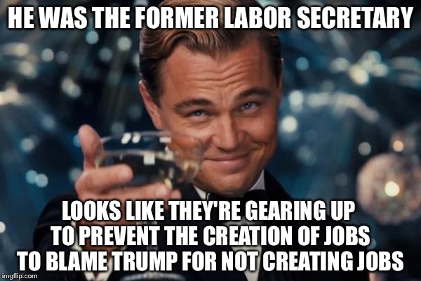 Leonardo Dicaprio Cheers Meme | HE WAS THE FORMER LABOR SECRETARY LOOKS LIKE THEY'RE GEARING UP TO PREVENT THE CREATION OF JOBS TO BLAME TRUMP FOR NOT CREATING JOBS | image tagged in memes,leonardo dicaprio cheers | made w/ Imgflip meme maker