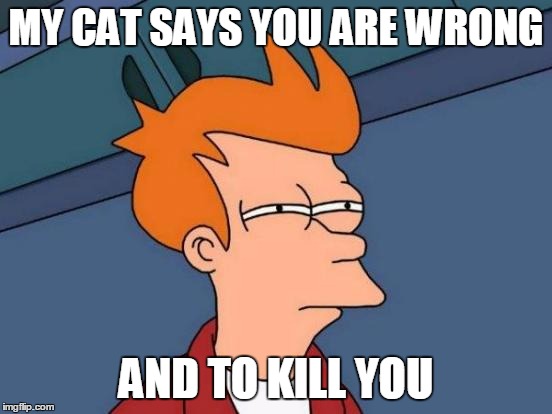 Futurama Fry Meme | MY CAT SAYS YOU ARE WRONG AND TO KILL YOU | image tagged in memes,futurama fry | made w/ Imgflip meme maker