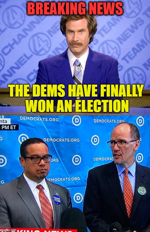 BREAKING NEWS! | BREAKING NEWS; THE DEMS HAVE FINALLY WON AN ELECTION | image tagged in funny,anchorman news update,memes | made w/ Imgflip meme maker