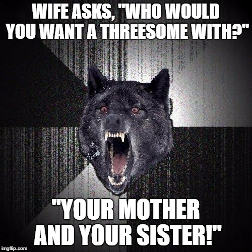 Insanity x 3 | WIFE ASKS, "WHO WOULD YOU WANT A THREESOME WITH?"; "YOUR MOTHER AND YOUR SISTER!" | image tagged in insanity wolf,memes | made w/ Imgflip meme maker
