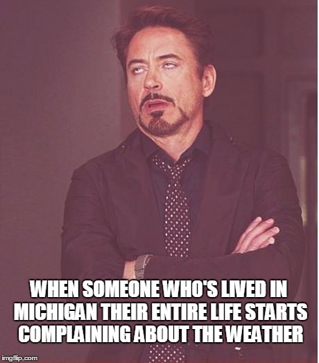 Face You Make Robert Downey Jr Meme | WHEN SOMEONE WHO'S LIVED IN MICHIGAN THEIR ENTIRE LIFE STARTS COMPLAINING ABOUT THE WEATHER | image tagged in memes,face you make robert downey jr | made w/ Imgflip meme maker