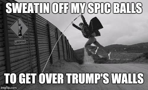 Spics Over the Wall | SWEATIN OFF MY SPIC BALLS; TO GET OVER TRUMP'S WALLS | image tagged in trump wall,immigrants,secure the border,white supremacy,bigotry,too funny | made w/ Imgflip meme maker
