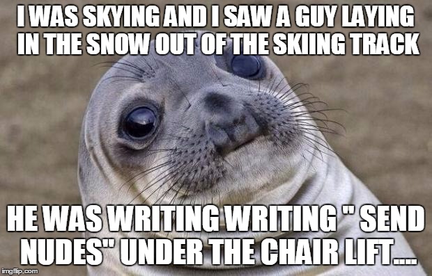 How to meet a 9gagger 101 | I WAS SKYING AND I SAW A GUY LAYING IN THE SNOW OUT OF THE SKIING TRACK; HE WAS WRITING WRITING '' SEND NUDES'' UNDER THE CHAIR LIFT.... | image tagged in memes,awkward moment sealion | made w/ Imgflip meme maker