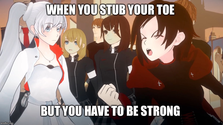 Stubbing your toe is the most painful thing your poor soul can suffer  | WHEN YOU STUB YOUR TOE; BUT YOU HAVE TO BE STRONG | image tagged in rwby | made w/ Imgflip meme maker