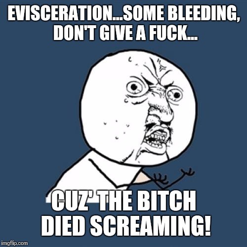 Y U No Meme | EVISCERATION...SOME BLEEDING, DON'T GIVE A F**K... CUZ' THE B**CH DIED SCREAMING! | image tagged in memes,y u no | made w/ Imgflip meme maker