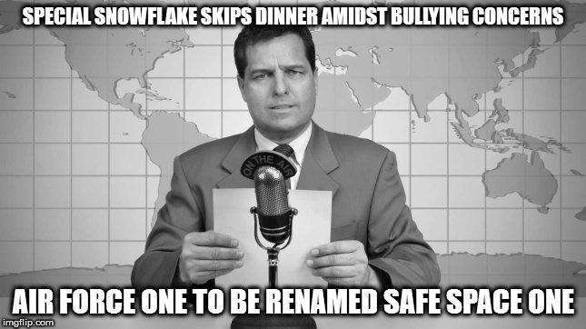 World News | SPECIAL SNOWFLAKE SKIPS DINNER AMIDST BULLYING CONCERNS; AIR FORCE ONE TO BE RENAMED SAFE SPACE ONE | image tagged in world news,trump,donald trump | made w/ Imgflip meme maker