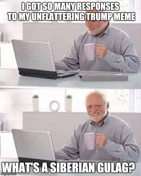 Hide the Pain Harold | I GOT SO MANY RESPONSES TO MY UNFLATTERING TRUMP MEME; WHAT'S A SIBERIAN GULAG? | image tagged in memes,hide the pain harold | made w/ Imgflip meme maker