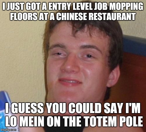 10 Guy Meme | I JUST GOT A ENTRY LEVEL JOB MOPPING FLOORS AT A CHINESE RESTAURANT; I GUESS YOU COULD SAY I'M LO MEIN ON THE TOTEM POLE | image tagged in memes,10 guy | made w/ Imgflip meme maker