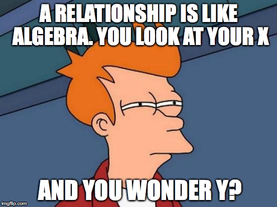 Futurama Fry Meme | A RELATIONSHIP IS LIKE ALGEBRA. YOU LOOK AT YOUR X; AND YOU WONDER Y? | image tagged in memes,futurama fry | made w/ Imgflip meme maker