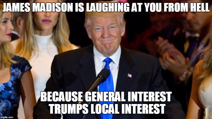Trump Wins | JAMES MADISON IS LAUGHING AT YOU FROM HELL; BECAUSE GENERAL INTEREST TRUMPS LOCAL INTEREST | image tagged in trump wins | made w/ Imgflip meme maker
