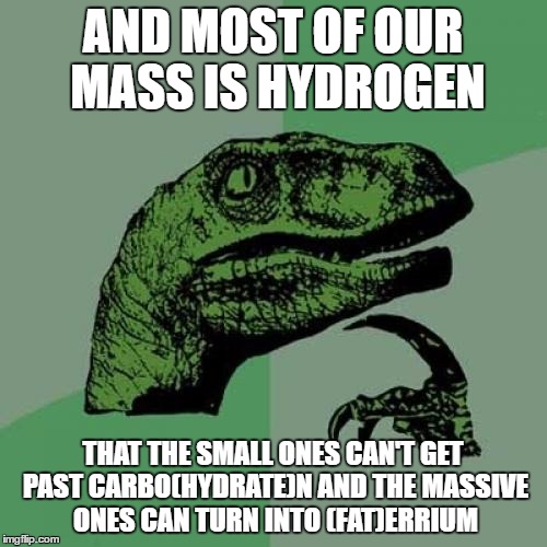 Philosoraptor Meme | AND MOST OF OUR MASS IS HYDROGEN THAT THE SMALL ONES CAN'T GET PAST CARBO(HYDRATE)N AND THE MASSIVE ONES CAN TURN INTO (FAT)ERRIUM | image tagged in memes,philosoraptor | made w/ Imgflip meme maker