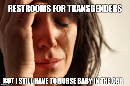 First World Problems Meme | RESTROOMS FOR TRANSGENDERS; BUT I STILL HAVE TO NURSE BABY IN THE CAR | image tagged in memes,first world problems | made w/ Imgflip meme maker