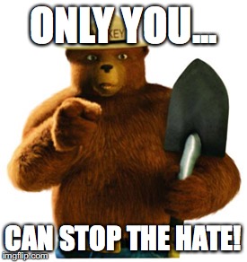 Smokey The Bear | ONLY YOU... CAN STOP THE HATE! | image tagged in smokey the bear | made w/ Imgflip meme maker